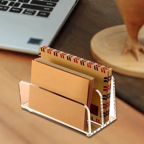 Acrylic Desk File Organizer with Mail Tray for Home Office holding envelopes and file folders on wooden desk surface.