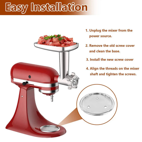 Mixer Bowl Screw Cap Replacement For Whirlpool KitchenAid And Kenmore Stand Mixers Easy Install Clamp Plate Part 4163032 WPW10191926 AP6016640 4161126 Durable DIY Repair For Kitchen Appliances shown with red stand mixer and installation steps.