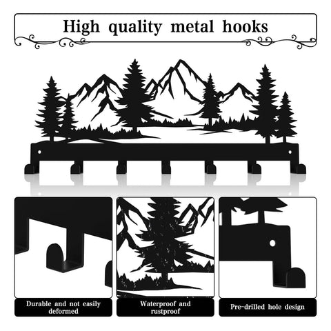 Wall Mounted Key Holder With 7 Dope Black Metal Hooks, Mountain Themed Key Rack for front doors, showing durable and rustproof features.