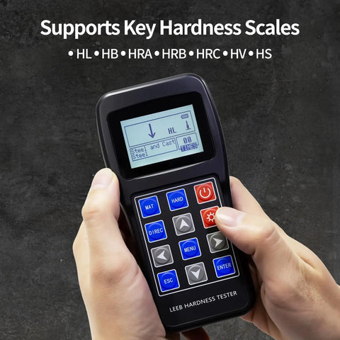 Portable Metal Hardness Tester With 170 To 960 HLD Range, Digital Hardness Meter With 7 Impact Probes in hand, showing display screen.