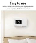 Smart WiFi Thermostat TJ225, 7 Day 8 Period Programmable on wall above couch, LCD screen showing temperature.