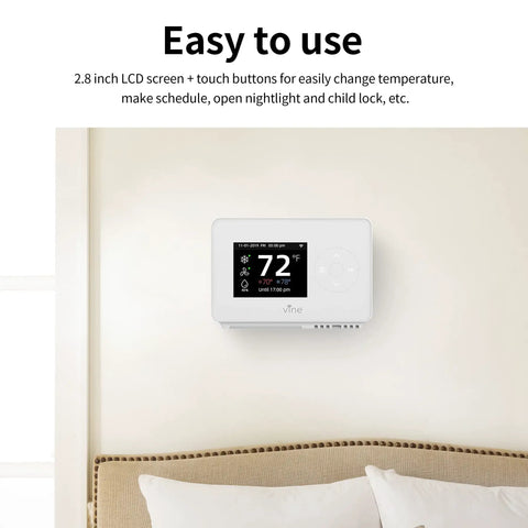 Smart WiFi Thermostat TJ225, 7 Day 8 Period Programmable on wall above couch, LCD screen showing temperature.