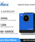 Badass 3600W Hybrid Solar Inverter With Integrated 120A Mppt Controller delivers 24V AC power, featuring a blue design and display.