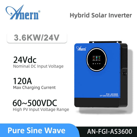 Badass 3600W Hybrid Solar Inverter With Integrated 120A Mppt Controller delivers 24V AC power, featuring a blue design and display.