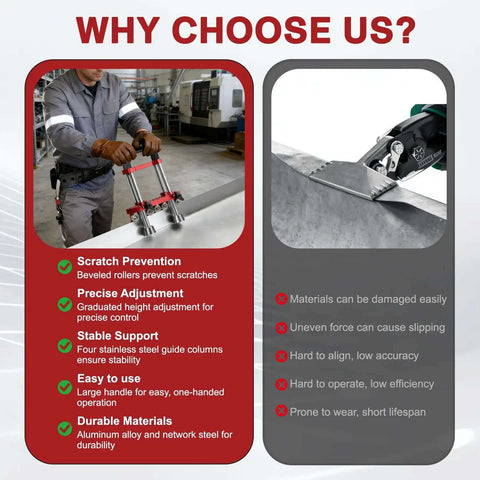 Comparison of two sheet metal benders highlighting features of scratch prevention, precise adjustment, stable support, and easy use.