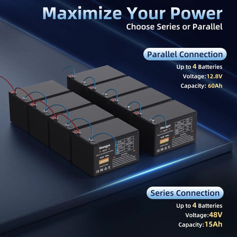 Parallel and series connection of Portable 12V 15Ah LiFePO4 Battery With Charger For Trolling Motors, Solar And Wind Power