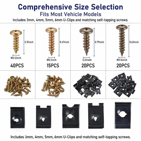 Zero Hassle 170 Piece Auto Trim Clip And Screw Assortment Kit Hella Fits Door Panels Dashboards And Hoods with U-Clips and self-tapping screws.