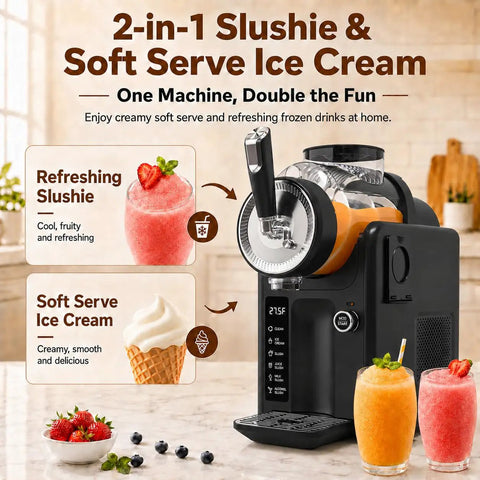 Smooth Operator Home Slushie And Soft Serve Ice Cream Maker With Zero Ice Needed Setup For Quick Frozen Sips And Creamy Blends Low Maintenance Countertop Party Game Changer with colorful slushies and soft serve ice cream.