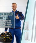 Two Piece Garage Door Vertical Track Replacement Kit With Six Rail Doorpost Brackets And Sixteen Sets Of Screws And Nuts For Seven Foot Tall Doors Durable Rails And Hardware Bundle For Quick Easy DIY Install displayed with a smiling worker holding a tool bag.