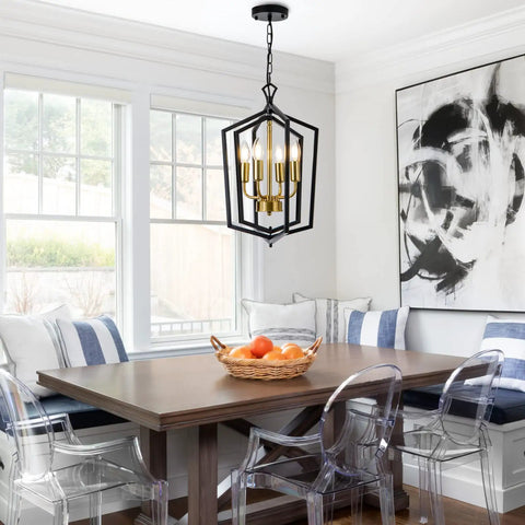 Four Light Dining Room Pendant Light Fixture Over Table Dope Black Farmhouse Chandelier Metal Modern Style for Kitchen Island Living Room Foyer and Entryway Brushed Brass Finish above dining table
