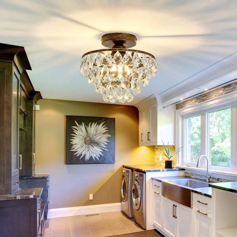 Crystal Chandelier Semi Flush Mount Ceiling Light in Oil Rubbed Bronze illuminating a modern kitchen space.