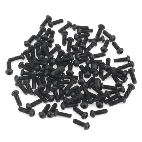 105 Piece M2 X 6mm Button Head Socket Cap Screws With 0.4mm Pitch Cast From 10.9 Grade Alloy Steel in a pile on white background.
