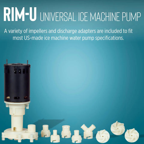 Dual Voltage RIM U Ice Machine Water Pump Replacement 115/230V 1/25 HP with impellers and adapters displayed on blue background