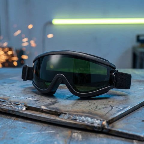 Heavy Duty Welding Goggles With Wide Dark Lens Shade And Adjustable Strap Multipurpose Safety Eyewear For Brazing Torch Cutting on metal surface.
