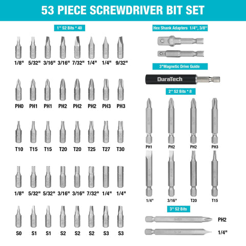 53 Piece Screwdriver Bit Set In A Tough Case With S2 Steel Bits And Magnetic Drive Guide Includes 1 2 And 3 Inch Long Bits For Drill Drivers Heavy Duty Fastening Kit You Can Depend On