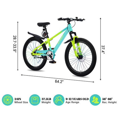 24 Inch Kids Mountain Bike For Boys And Girls Ages 8 To 12 With Front Suspension Fork Single Speed Design in green and blue