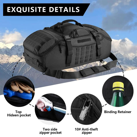 Black 65L 3 In 1 Duffle Bag Backpack For Sports Gym And Outdoor Adventures Tactical MOLLE Gear Carrier with pockets and zippers
