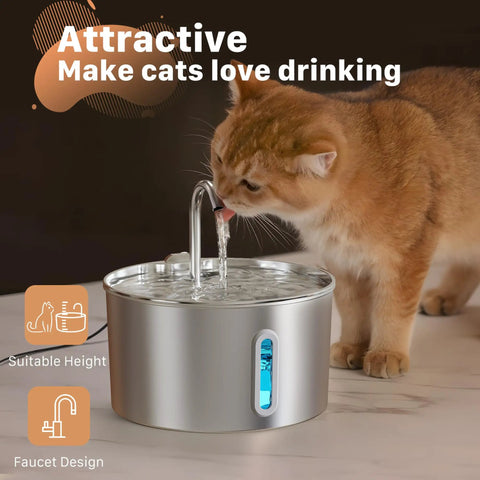 Stainless Steel Cat Water Fountain 2.2 L Ultra Quiet Pump Pet Fountain For Cats Automatic Drinking Water Dispenser With Water Level Window Keeps Fresh Water Flowing Easy Clean Metal Bowl For Cats And Small Dogs