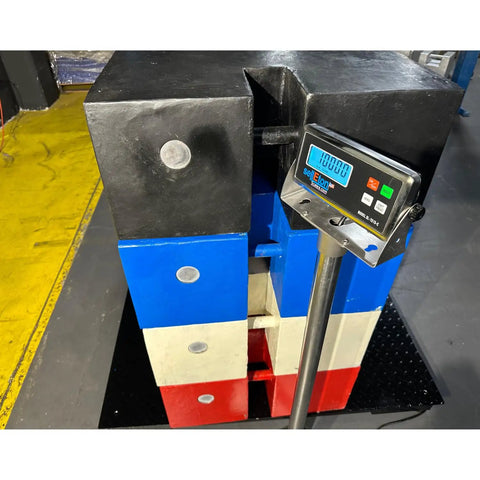Pro Grade 40 By 40 Inch Heavy Duty Industrial Floor Scale displaying digital readout with colored weight blocks.