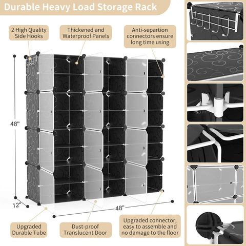 Portable Shoe Rack Organizer With Door 8 Tier Adjustable Stackable Free Standing Cabinet For 48 Pairs Shoes Easy Assembly Plastic Black Entryway Storage For Men And Women shown assembled with translucent doors and black panels.