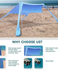 Portable Beach Shade Tent Sun Shelter UPF50 Canopy With Sandbags for family beach days, 7x7 feet, blue with aluminum poles on sand.