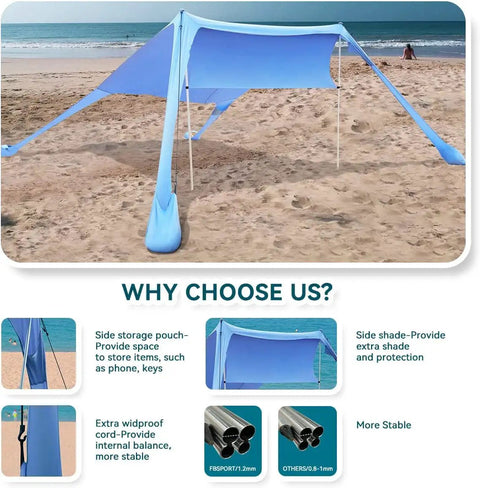 Portable Beach Shade Tent Sun Shelter UPF50 Canopy With Sandbags for family beach days, 7x7 feet, blue with aluminum poles on sand.