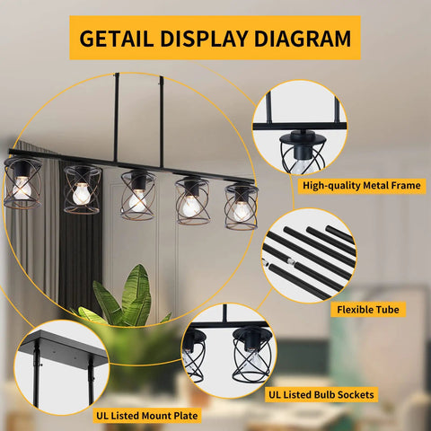Five Light UL Certified Farmhouse Linear Pendant Light In Black Metal Adjustable Kitchen Island Fixture diagram showing metal components.
