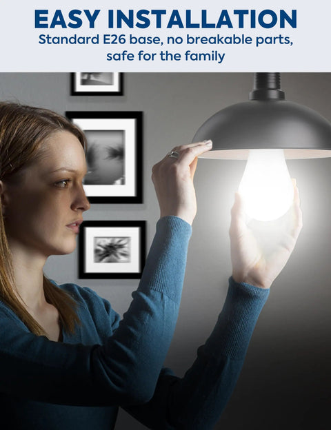 Person installing Go To Ultra Bright 300W Equivalent LED Bulbs With 4060 Lumens Daylight 5000K, 33W Energy Saving, E26 base, indoor