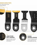 Close-up of Boss Grade 22 Piece Titanium Oscillating Saw Blade Set For Metal And Wood Universal Multi Tool Blades with depth markers