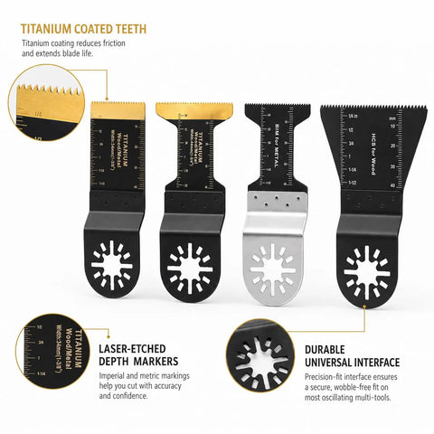 Close-up of Boss Grade 22 Piece Titanium Oscillating Saw Blade Set For Metal And Wood Universal Multi Tool Blades with depth markers