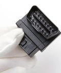 Close-up of gloved hand holding OBD2 Splitter Cable 1 Male To 2 Female Extension 16 Pin Full Port OBDII Connector for diagnostics
