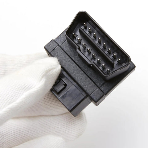 Close-up of gloved hand holding OBD2 Splitter Cable 1 Male To 2 Female Extension 16 Pin Full Port OBDII Connector for diagnostics