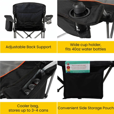 Two Pack Oversized Padded Camping Chairs With 25.2 Inch Extra Wide Seat And Adjustable Lumbar Support, cooler bag, cup holder