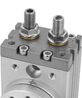 Close-up of a 15mm MSQB-10A pneumatic cylinder with a built tough aluminum housing, showing connectors and bolts