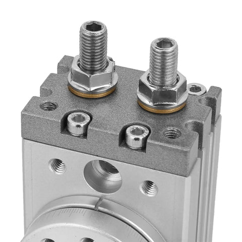 Close-up of a 15mm MSQB-10A pneumatic cylinder with a built tough aluminum housing, showing connectors and bolts