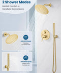 Heavy Duty Brushed Gold Shower Faucet Set Featuring Eight Inch Overhead Rainfall Head With Strong Pressurized Flow and Fully Rotatable Angle to Make Your Daily Shower Routine a Total Game Changer with rainfall and handheld options.