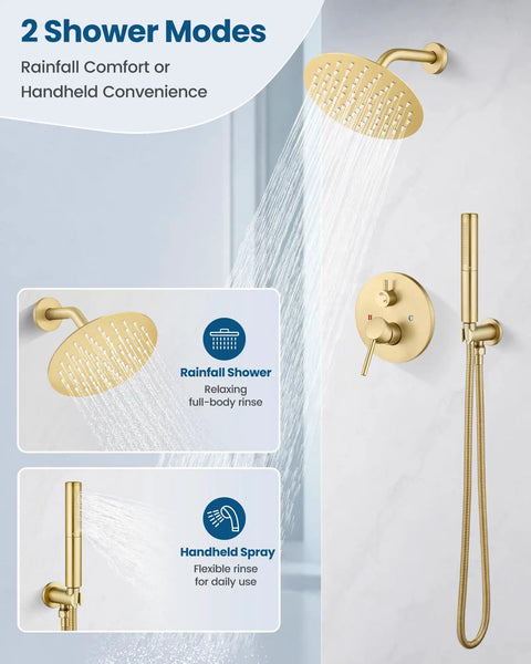 Heavy Duty Brushed Gold Shower Faucet Set Featuring Eight Inch Overhead Rainfall Head With Strong Pressurized Flow and Fully Rotatable Angle to Make Your Daily Shower Routine a Total Game Changer with rainfall and handheld options.