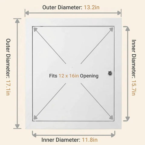 Rock Solid Aluminum Access Panel For Drywall 12 By 16 Inch with dimensions for hidden utility door installation.