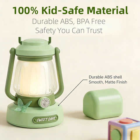 Kids Lantern With 4 Color Dimmable Lights And USB C Charging, kid-friendly green lantern with durable ABS material.