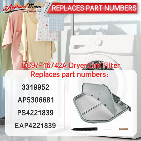 Plug-And-Play Dryer Lint Trap Filter Replacement For Samsung Dryers With Flap And Vent Cleaner Brush, displayed with part numbers.