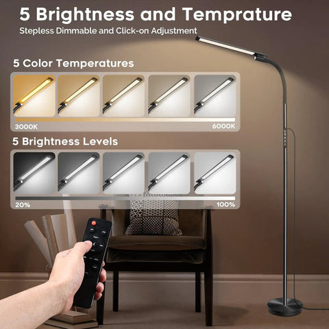 Tall Floor Lamp With 5 Color Modes And 5 Brightness Levels, Remote And Touch Control, 360 Degree Gooseneck Reading Light