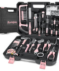 Open black case containing a 148 Piece Home Tool Kit With Portable Case, Ratcheting Screwdriver Set, Hex Keys, Pliers, Wrench, Voltage Tester.