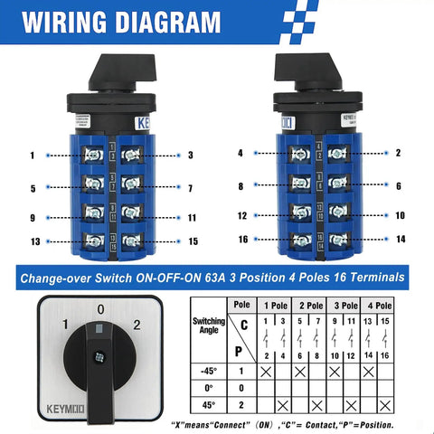 Wiring diagram of Beefy 63A Rotary Changeover Switch 4NO 4NC 2 Way 660V Universal Cam Selector Switch with 3 positions.
