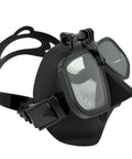 Low Volume Freedive Mask With Action Camera Mount For Spearfishing Freediving Snorkeling And Scuba Diving Pro Grade Anti Fog Tech With Pre Attached Film And Reef Safe Spray Black Frame Clear Lens, angled front view