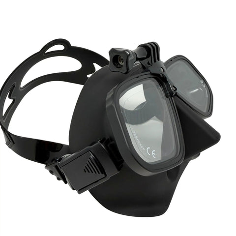 Low Volume Freedive Mask With Action Camera Mount For Spearfishing Freediving Snorkeling And Scuba Diving Pro Grade Anti Fog Tech With Pre Attached Film And Reef Safe Spray Black Frame Clear Lens, angled front view