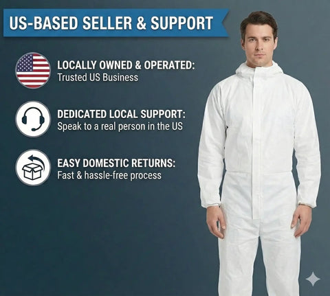 Man wearing Disposable Hazmat Coveralls With Hood Full Body Protective Overalls 5 Pack White 2X Large against service info graphic