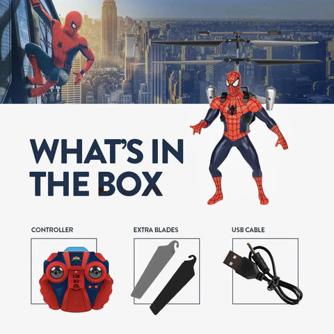 Spider Man Infrared RC Helicopter Jetpack Flying Figure With LED Lights Twin Rotors Action Phrases Marvel Licensed Hero Kit Contents