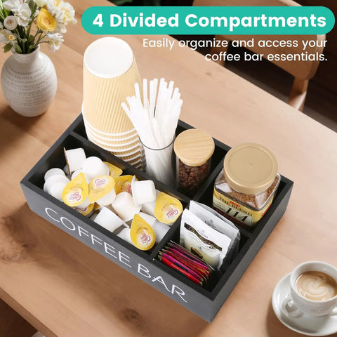 Wooden Coffee Bar Organizer With Four Compartments And Removable Dividers For Home And Office Kitchen Station Keeps Pods Sugar Packets Tea Bags Creamers And Condiments Neat And And Super Easy To Grab, displayed on a countertop, holding coffee pods and condiments.