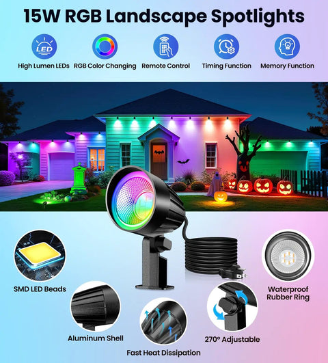 15W RGBW Outdoor Landscape Lights Kit With Remote Control IP66 Pathway Flood Lights illuminating house and yard