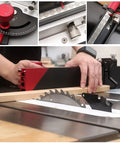Pro Level Precision Miter Gauge For Table Saw And Router Table Featuring Micro Flip Stop And Extendable Fence in use, detailed close-up.